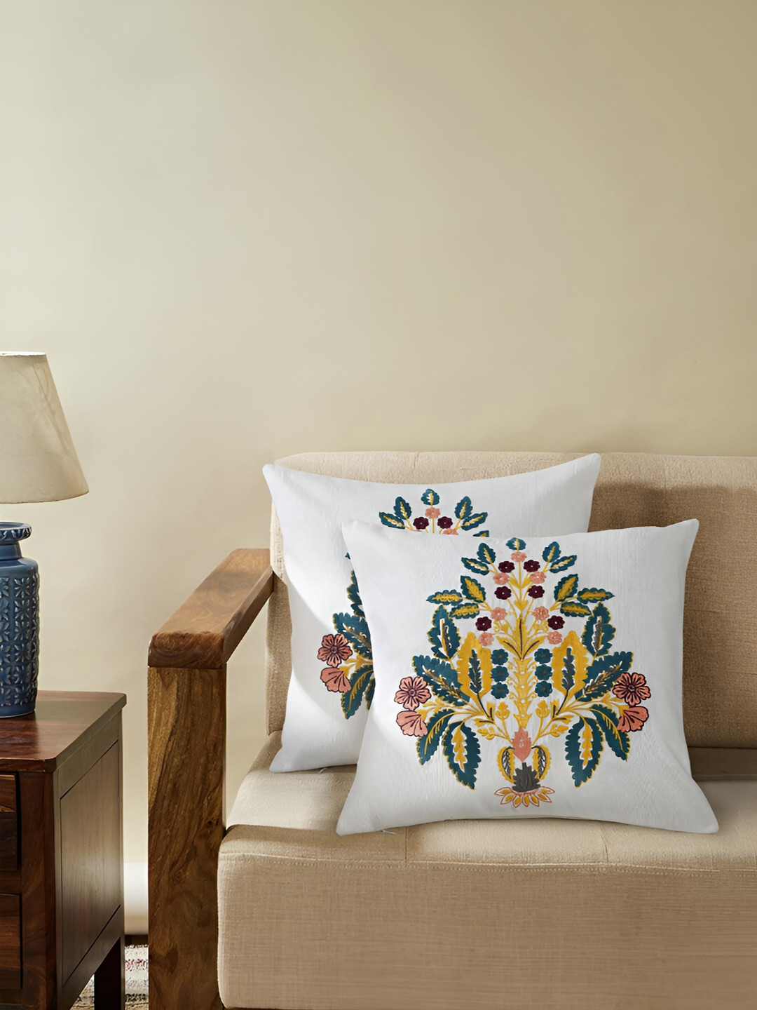 Ratan Cart White Cotton Breathable 2 Piece Embroidered Square Cushion Covers -16x16In