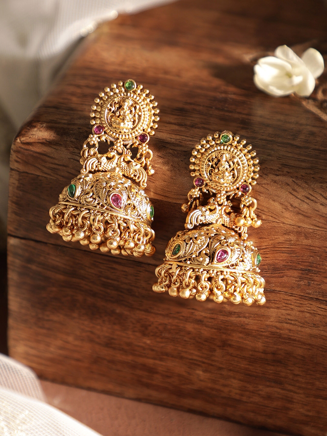 Rubans Gold Plated Faux Ruby Temple Dome Shaped Jhumkas - Earrings for Women 27238876 | Myntra