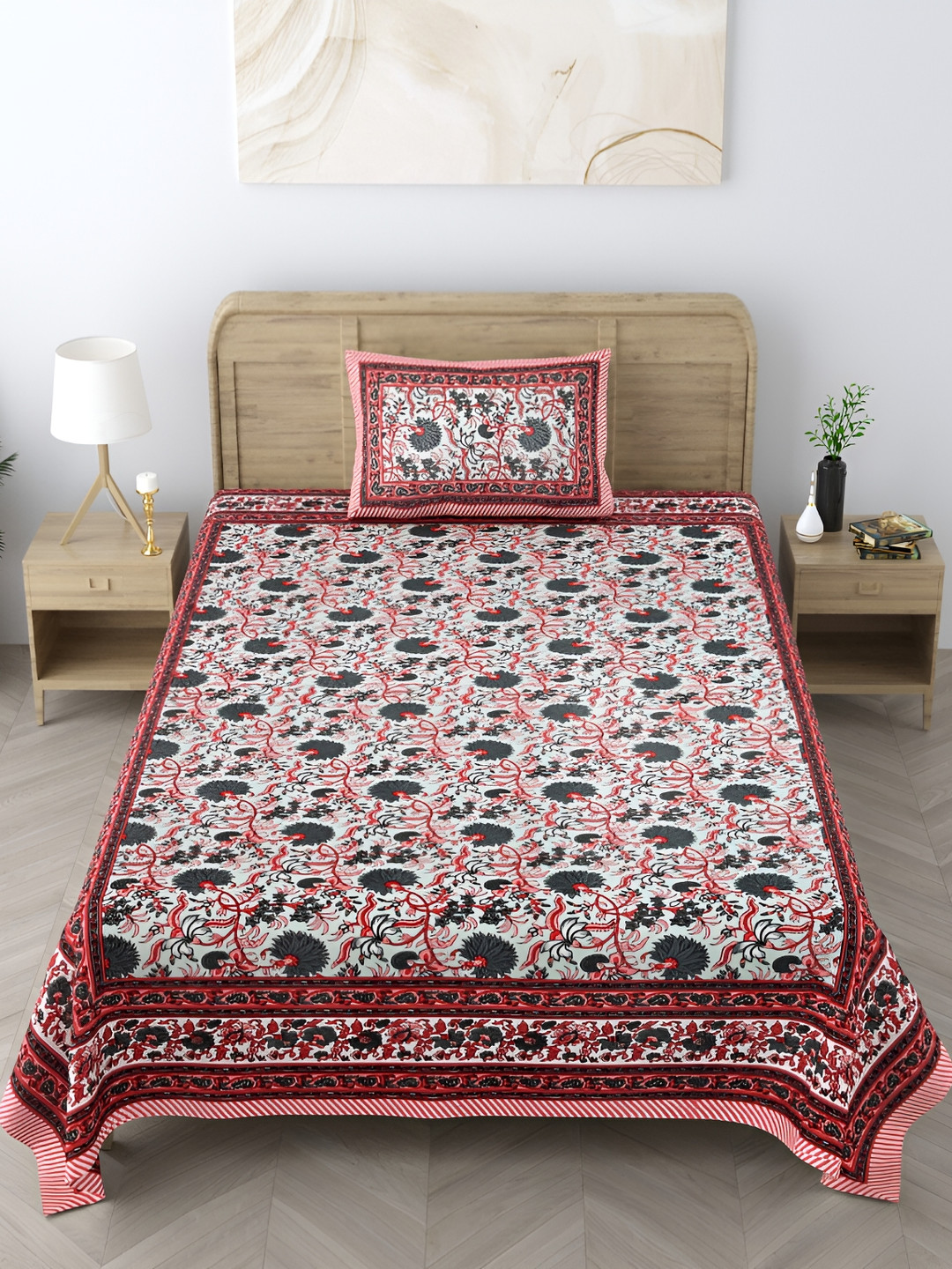 EasyGoods Heritage Red Floral Cotton 250 TC Single Fine Bedsheet with a Pillow Cover-15s x 228 cm
