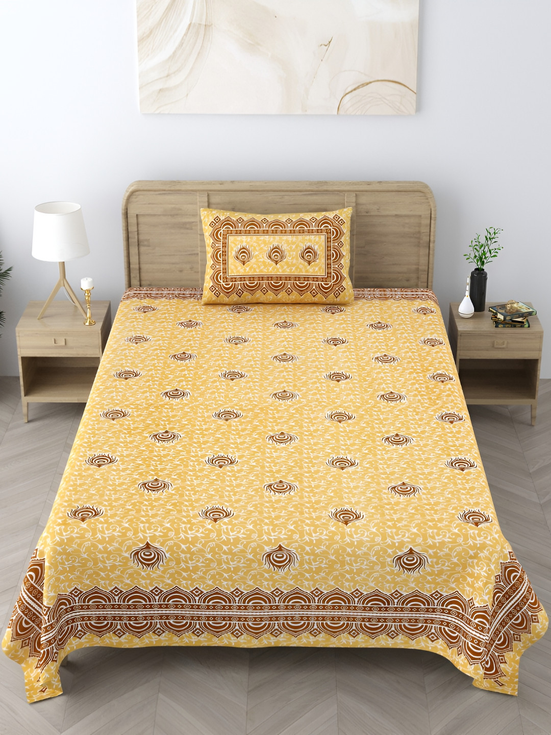 EasyGoods Heritagesingle02 Yellow Floral Cotton 250 TC Single Fine Bedsheet with a Pillow Cover-154 x 228 cm