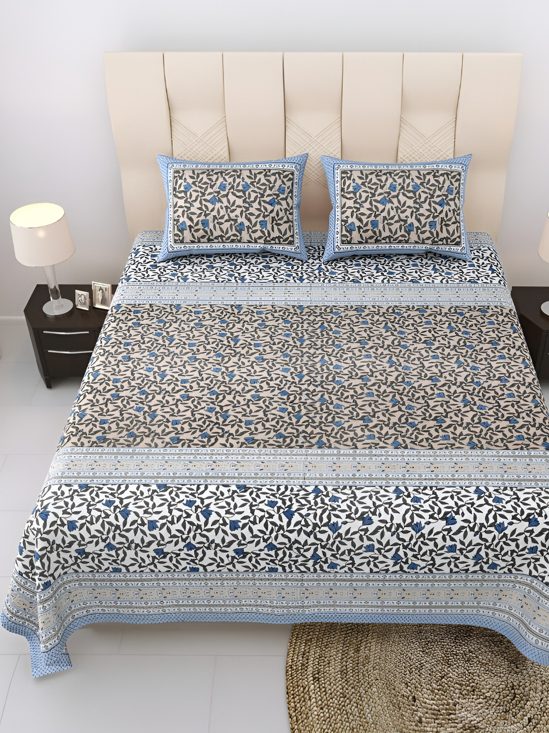 EasyGoods Nyla19 Blue Floral Cotton 250 TC King Fine Bedsheet with 2 Pillow Covers-108 x 108 inches