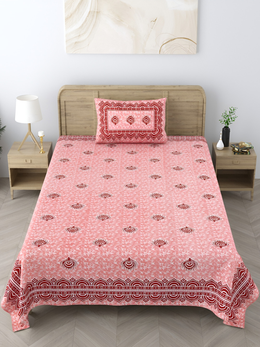EasyGoods Heritagesingle04 Pink Floral Cotton 250 TC Single Fine Bedsheet with a Pillow Cover-61 x 90 inches
