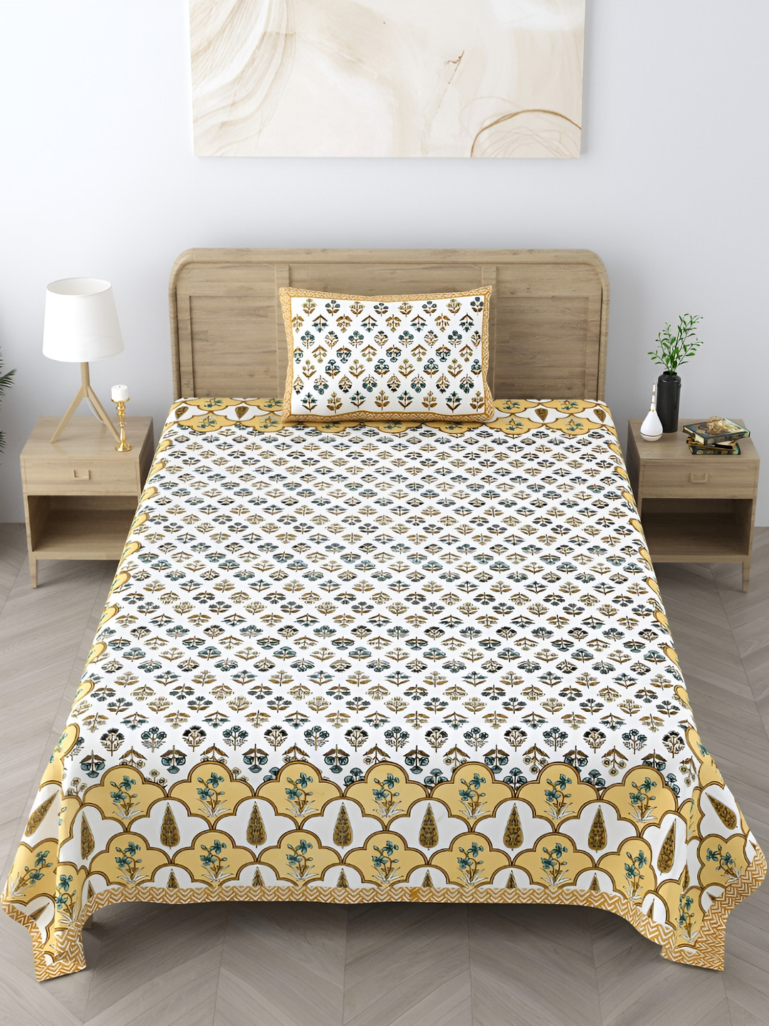 EasyGoods Yellow Floral Cotton 250 TC Single Fine Bedsheet with a Pillow Cover-61 x 90 inches