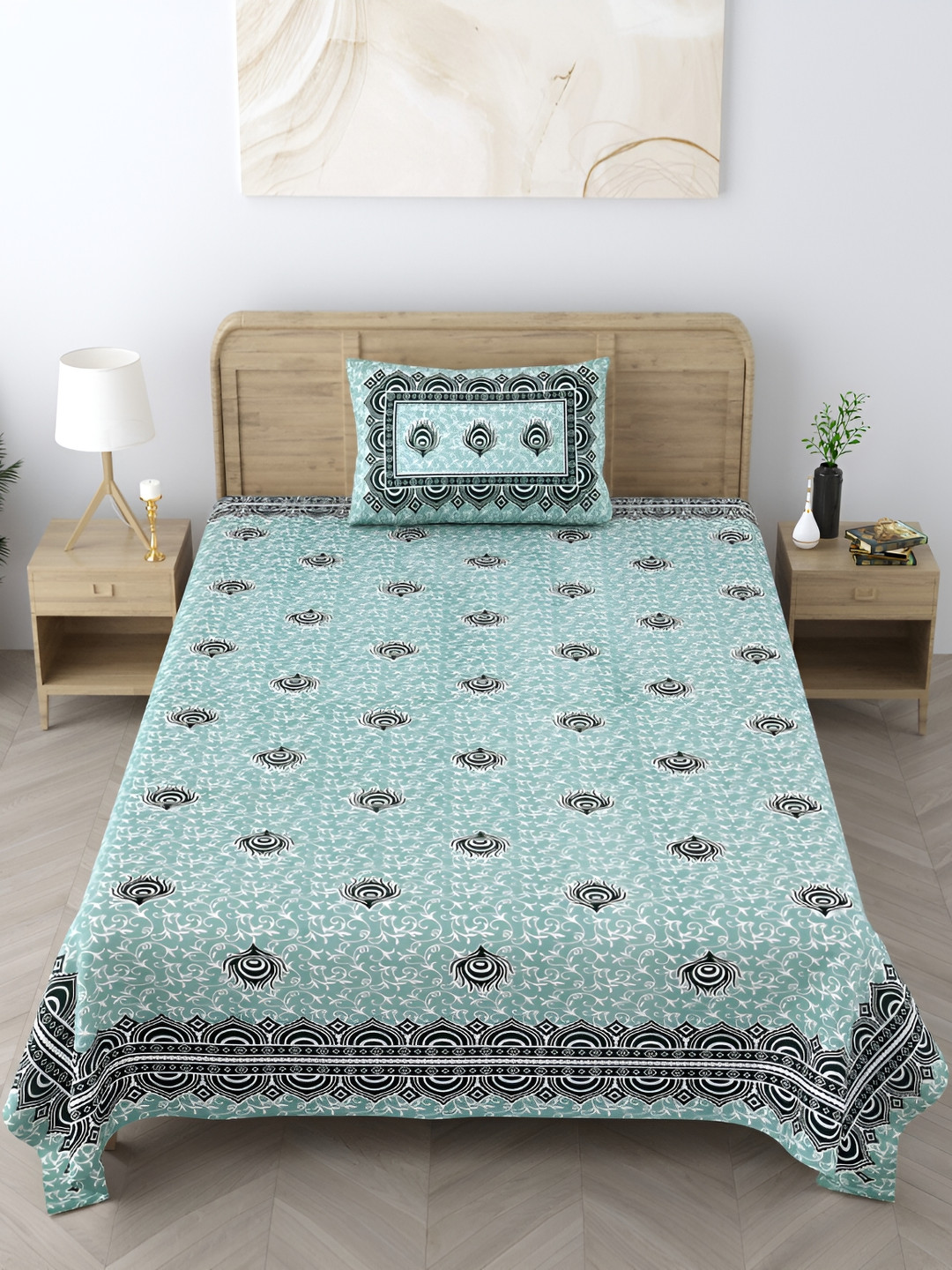 EasyGoods Heritage Sea Green Ethnic Motifs Cotton 250 TC Single Fine Bedsheet with a Pillow Cover-154 x 228 cm