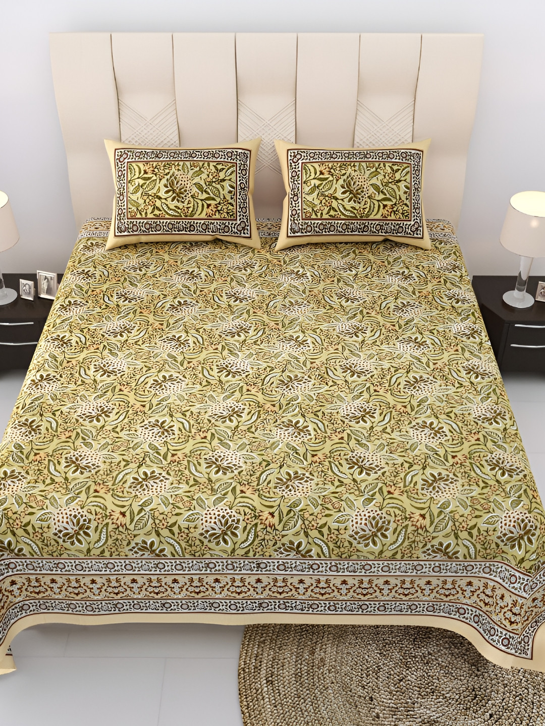 EasyGoods Nyla12 Olive Floral Cotton 250 TC King Fine Bedsheet with 2 Pillow Covers-108 x 108 inches