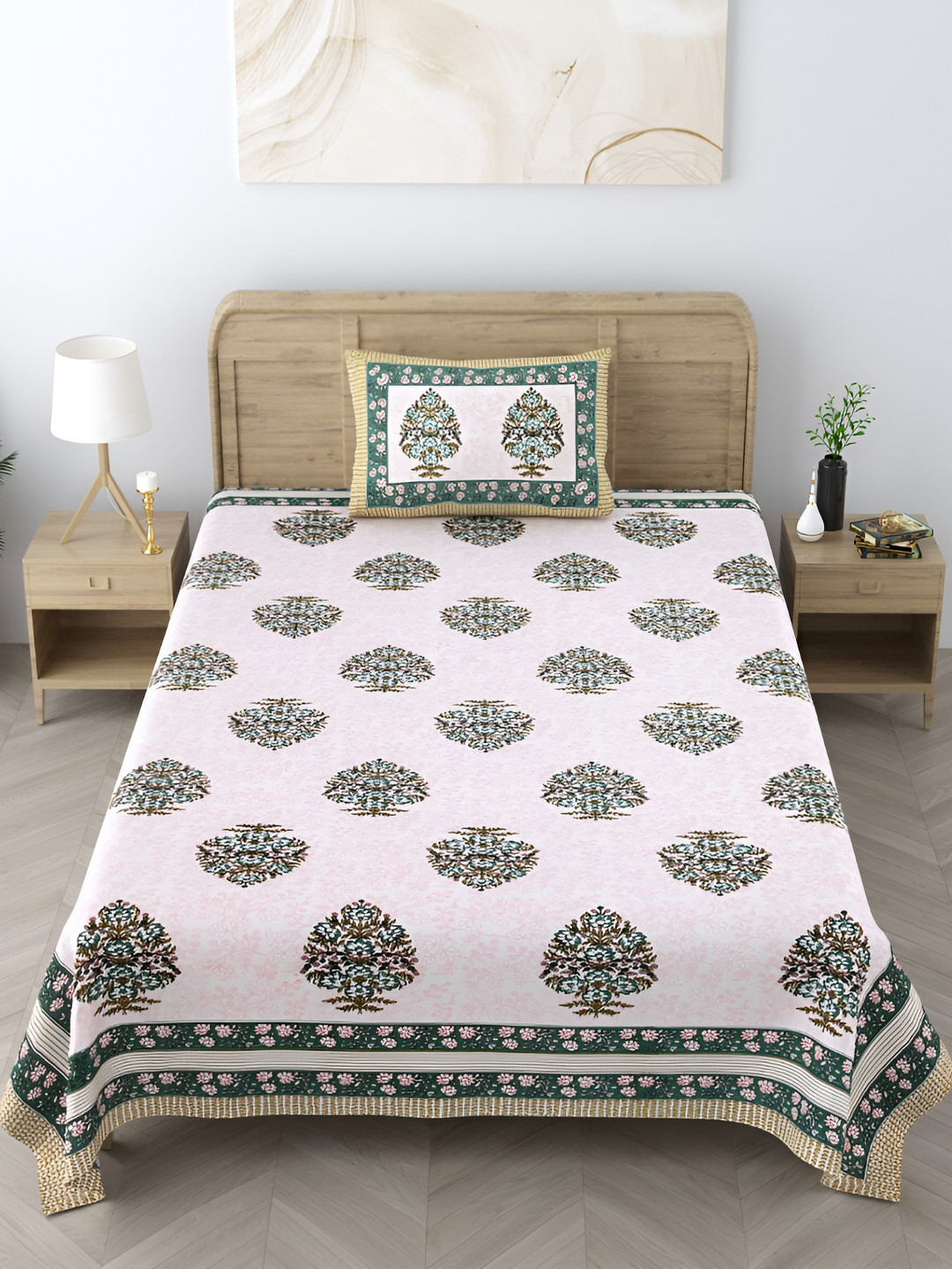 EasyGoods Heritagesingle Fluorescent Green Floral Cotton 250 TC Single Fine Bedsheet with a Pillow Cover-61 x 90 inches