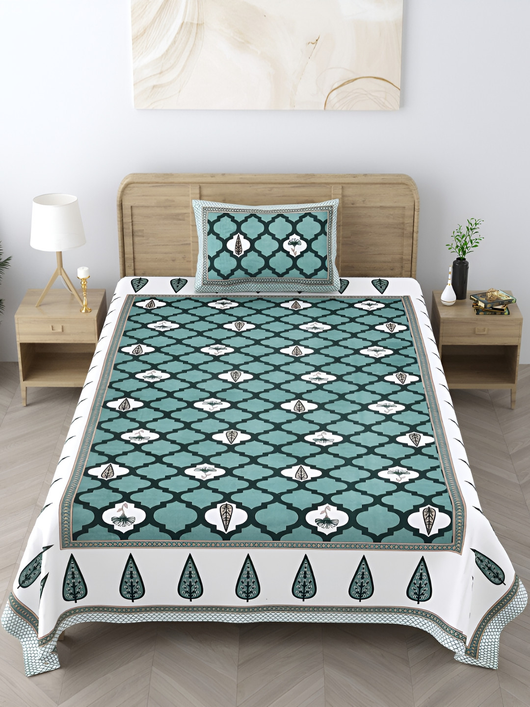 EasyGoods Heritage Blue Leaf Cotton 250 TC Single Fine Bedsheet with a Pillow Cover-15s x 228 cm