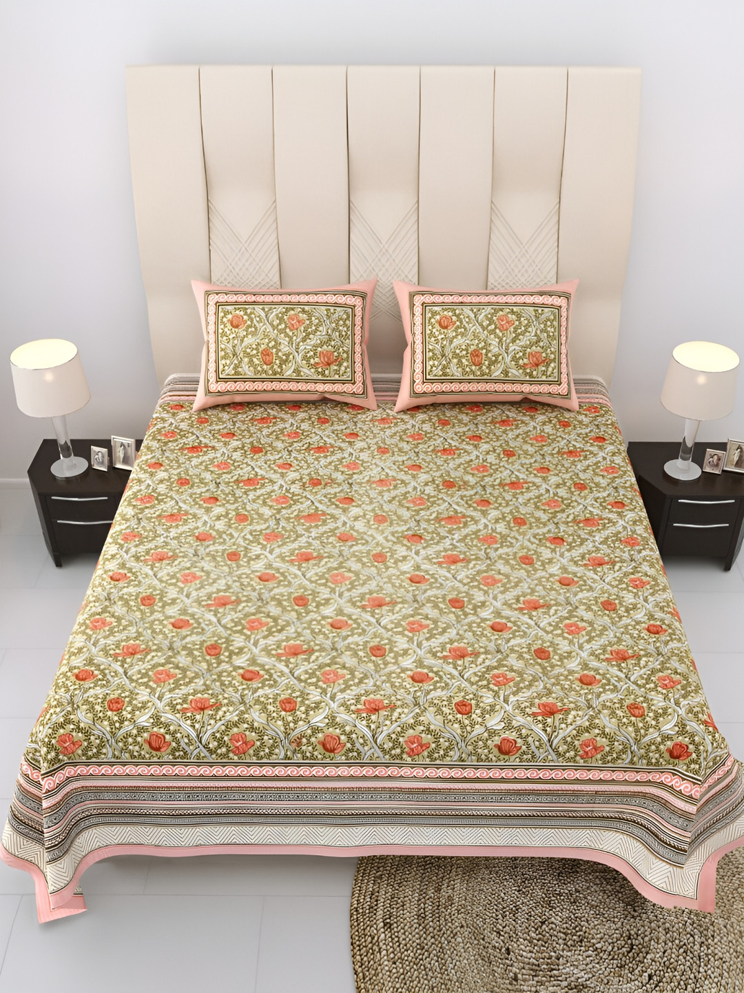 EasyGoods Nyla Green Floral Cotton 250 TC King Fine Bedsheet with 2 Pillow Covers-108 x 108 inches