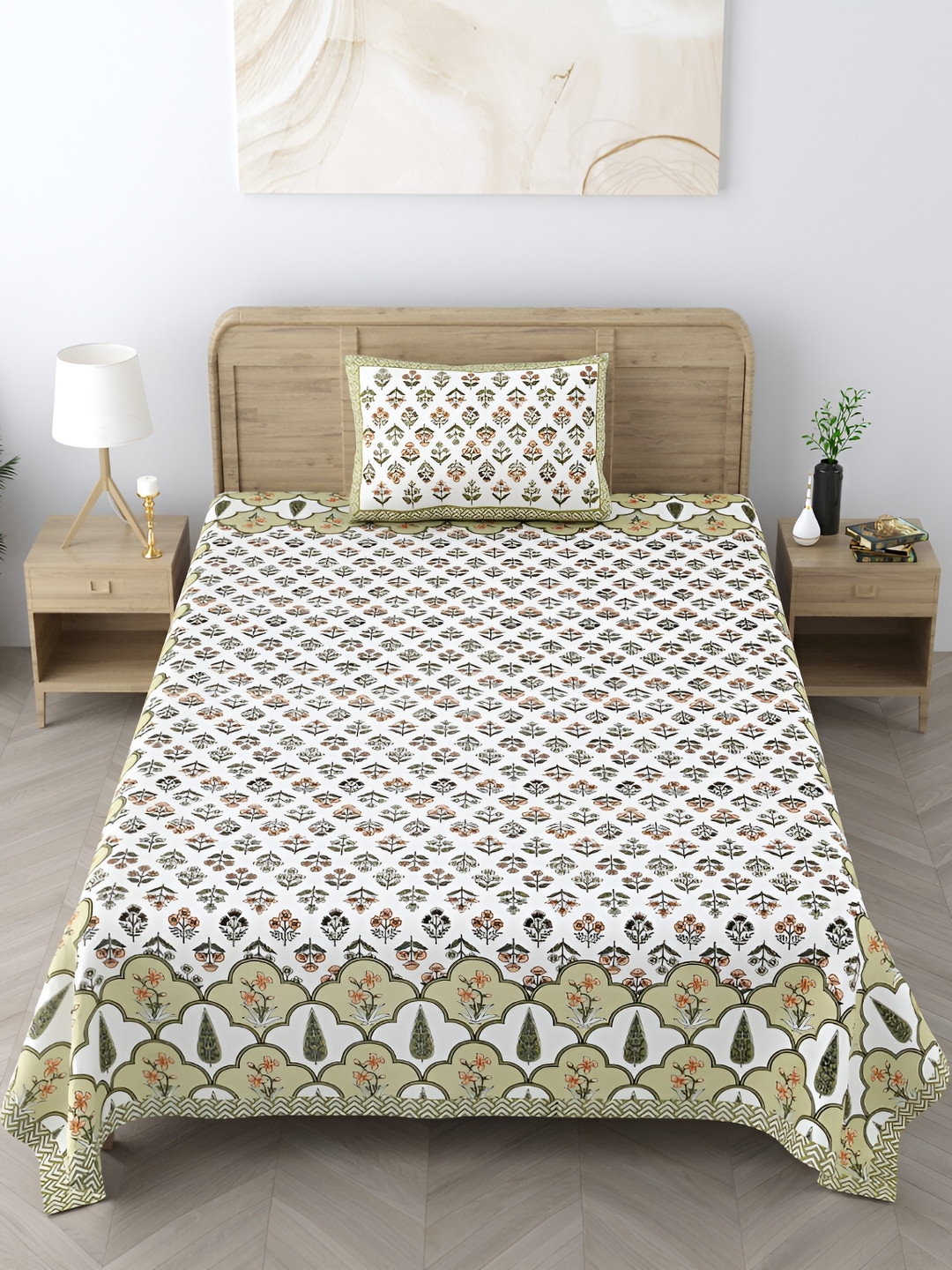 EasyGoods Heritagesingle19 Lime Green Floral Cotton 250 TC Single Fine Bedsheet with a Pillow Cover-61 x 90 inches