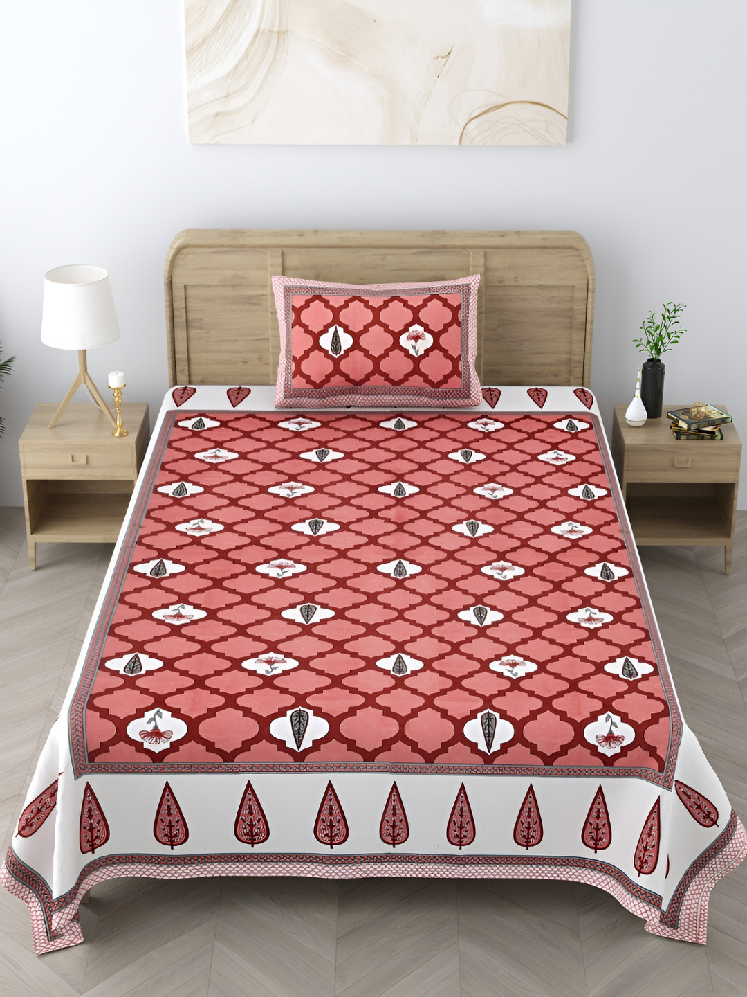 EasyGoods Heritagesingle05 Maroon Floral Cotton 250 TC Single Fine Bedsheet with a Pillow Cover-61 x 90 inches