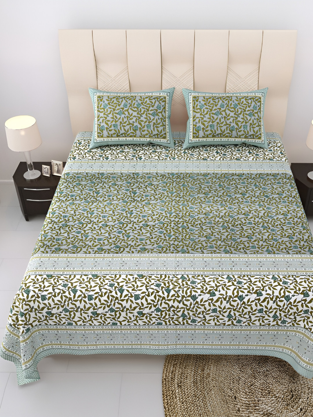EasyGoods Nyla Olive Floral Cotton 250 TC King Fine Bedsheet with 2 Pillow Covers-274 x 274 cm