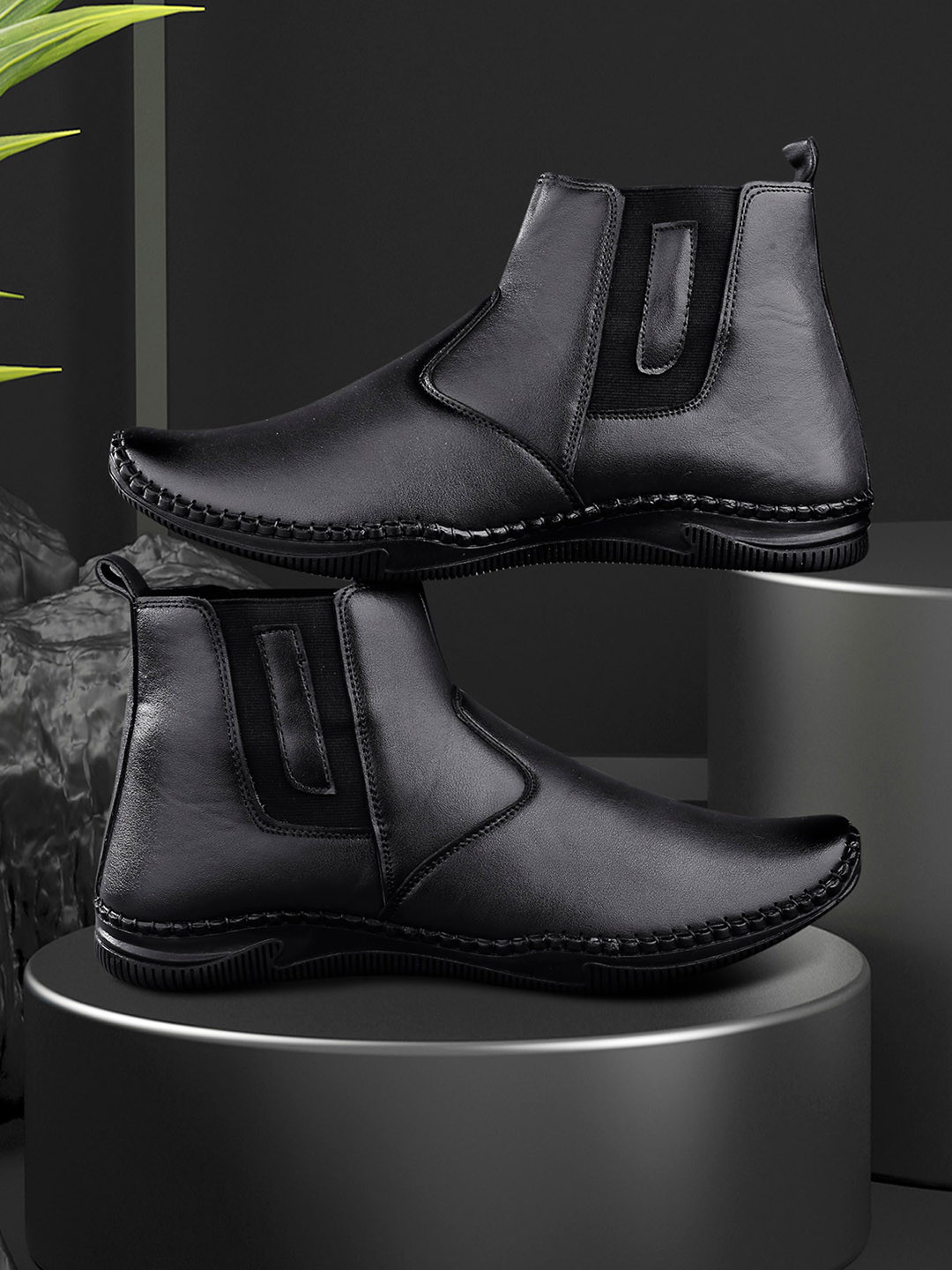 HAKKEL Men Round Toe Mid-Top Chelsea Boots