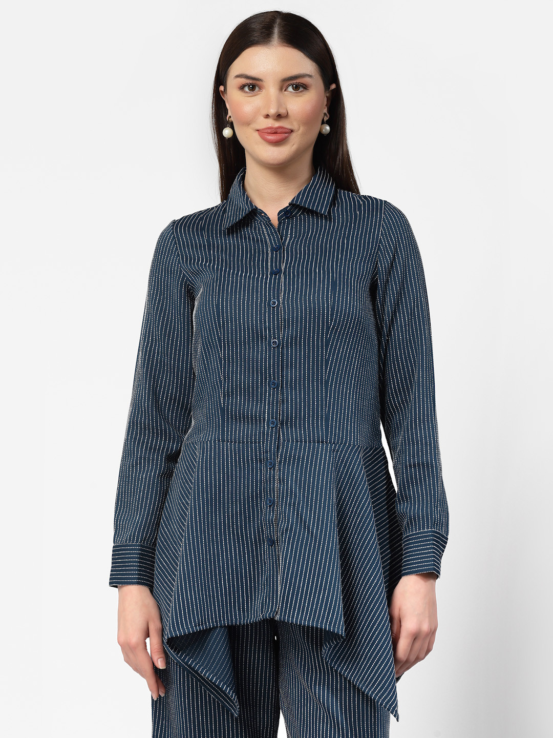 OFFICE & YOU Vertical Striped Cuffed Sleeves Longline Asymmetrical Cotton Shirt Style Top