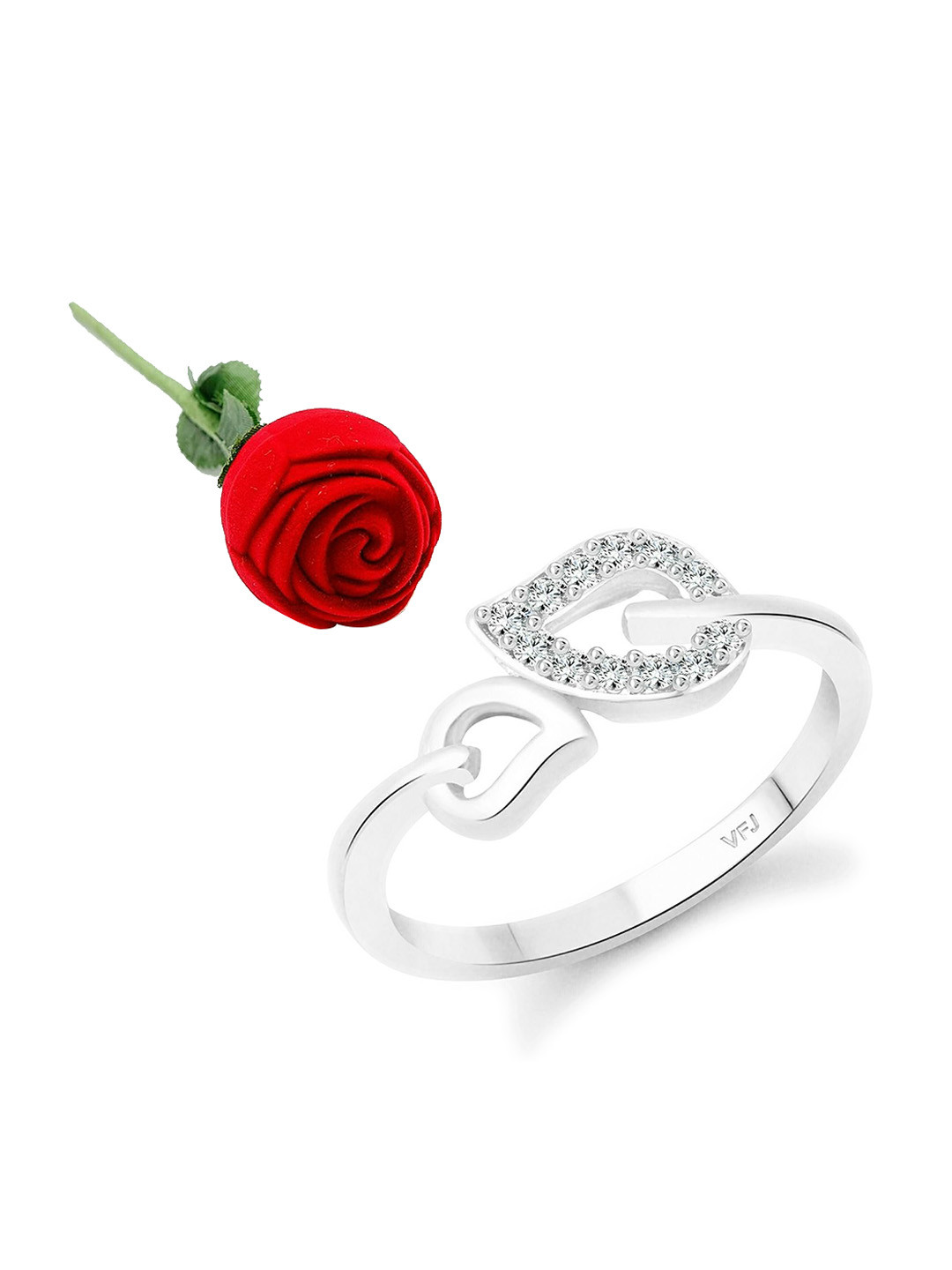 Vighnaharta Rhodium-Plated CZ-Stone Studded Leaf Design Finger Ring With Rose Box