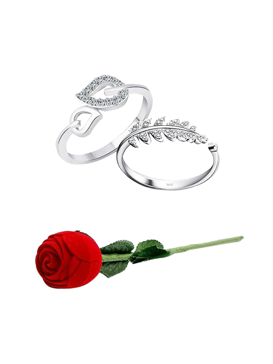 Vighnaharta Set of 2 Rhodium-Plated CZ Stone Studded Love & Leaf Couple Ring With Rose Box