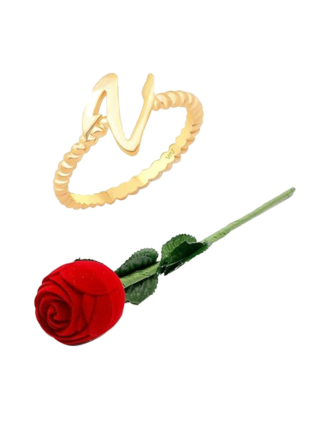 Vighnaharta Gold-Plated V Letter Design Finger Ring With Rose Box