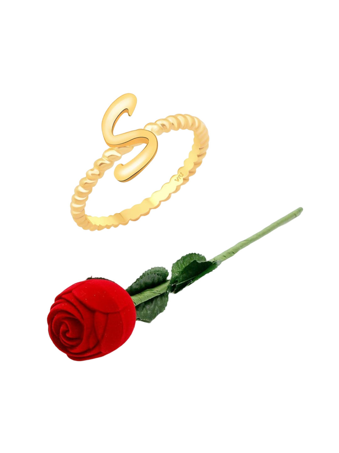 Vighnaharta Gold-Plated S Alphabet Design Finger Ring With Rose Box