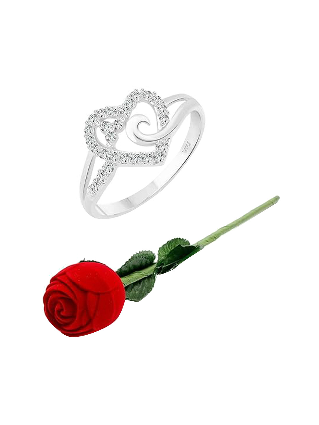 Vighnaharta Rhodium-Plated Cubic Zirconia Studded Heart Shaped Finger Ring With Rose Box