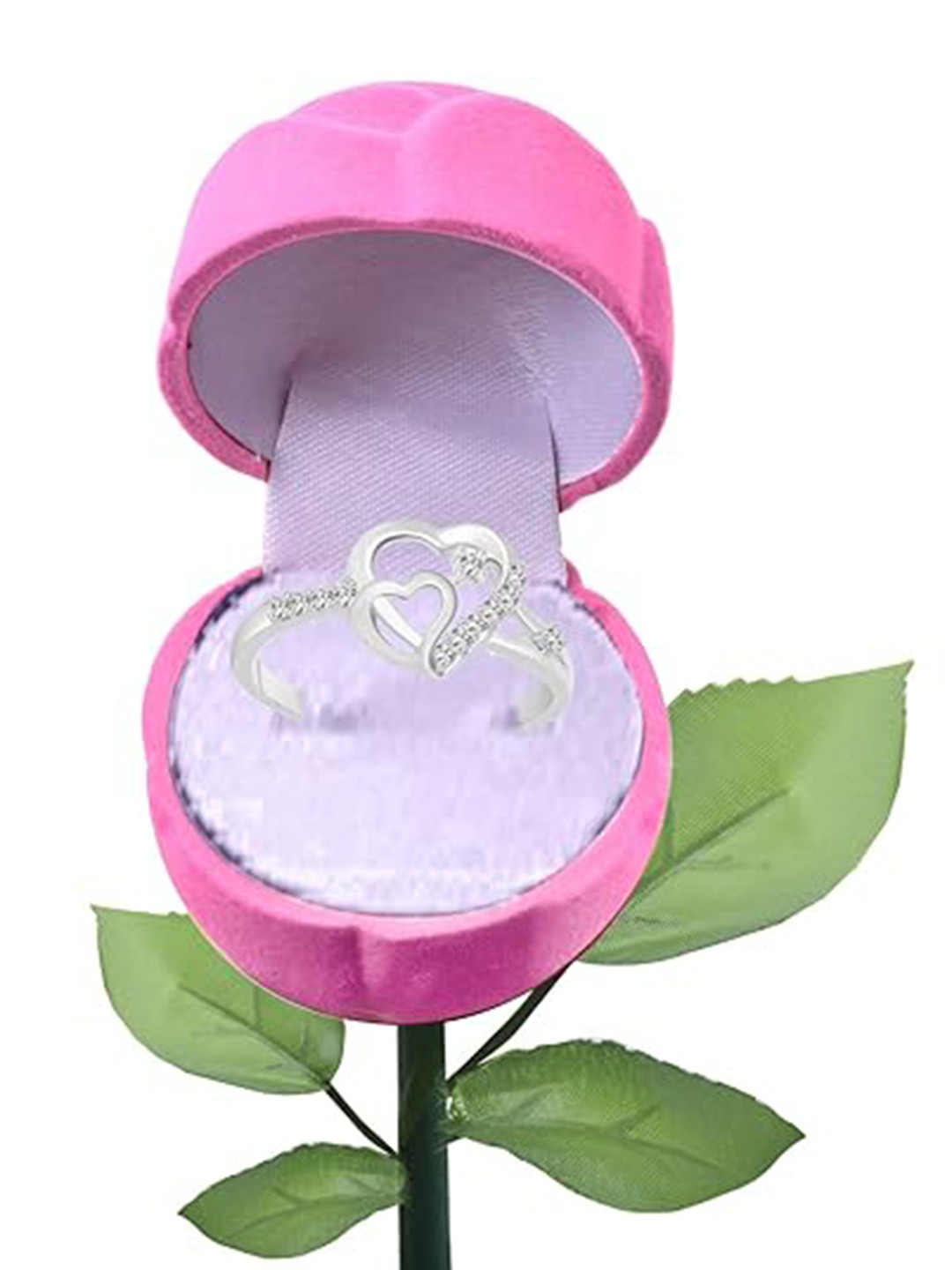 Vighnaharta Rhodium-Plated CZ-Stone Studded Dual Heart Design Finger Ring With Rose Box