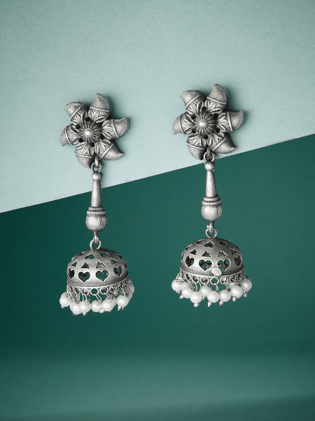 ATIBELLE Silver-Plated German Silver Beads Beaded Dome Shaped Oxidised Jhumkas
