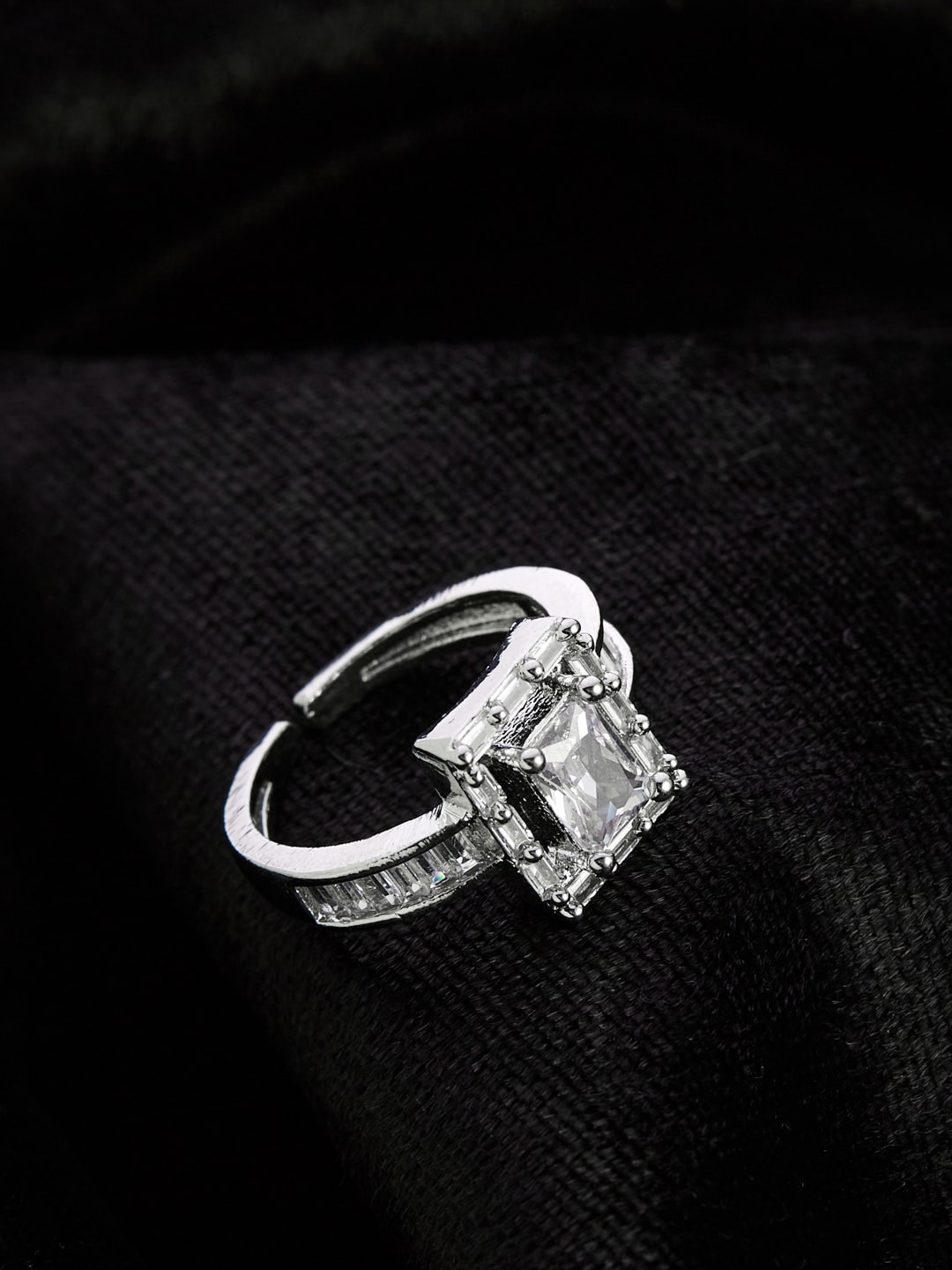 ATIBELLE Silver-Plated Cubic Zirconia-Stones Studded Square Shaped Adjustable Finger Ring