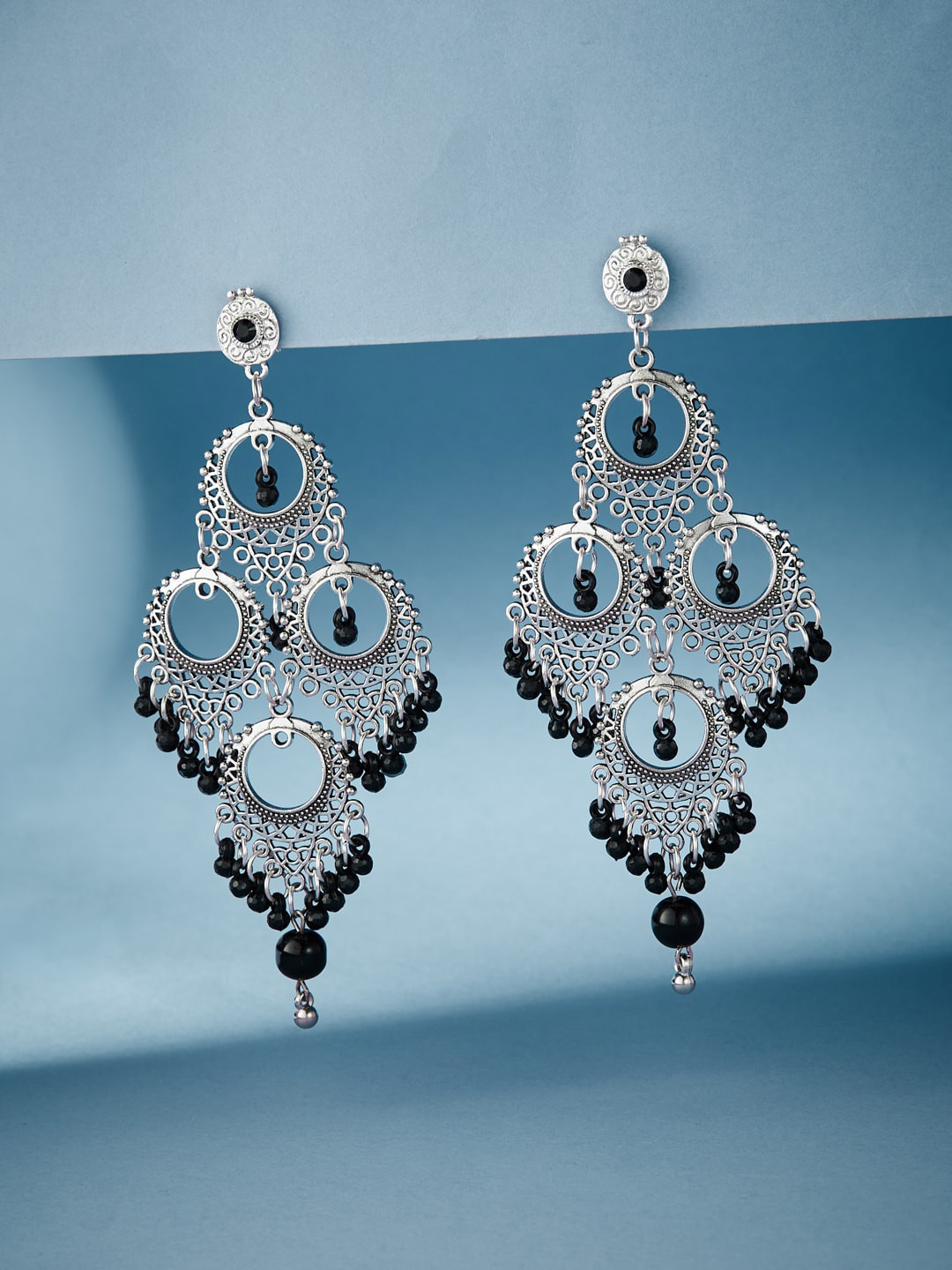 ATIBELLE Silver-Plated German Silver Beads Beaded Contemporary Oxidised Drop Earrings