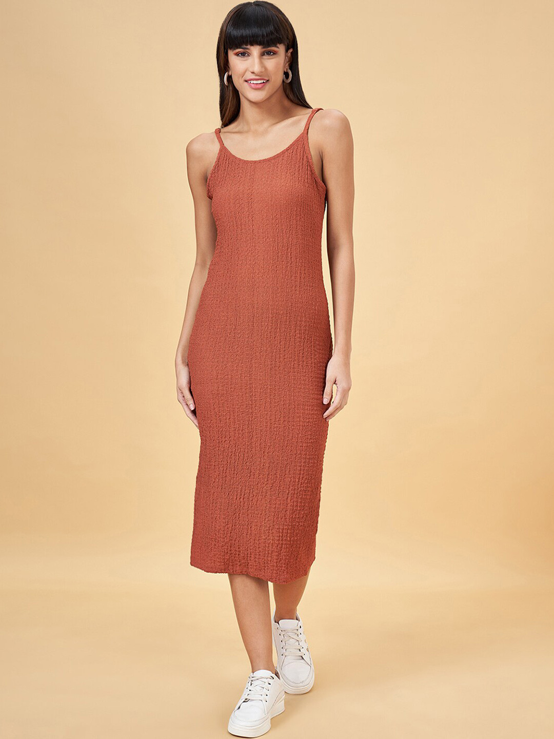 People Tan Brown Shoulder Straps Sheath Midi Dress