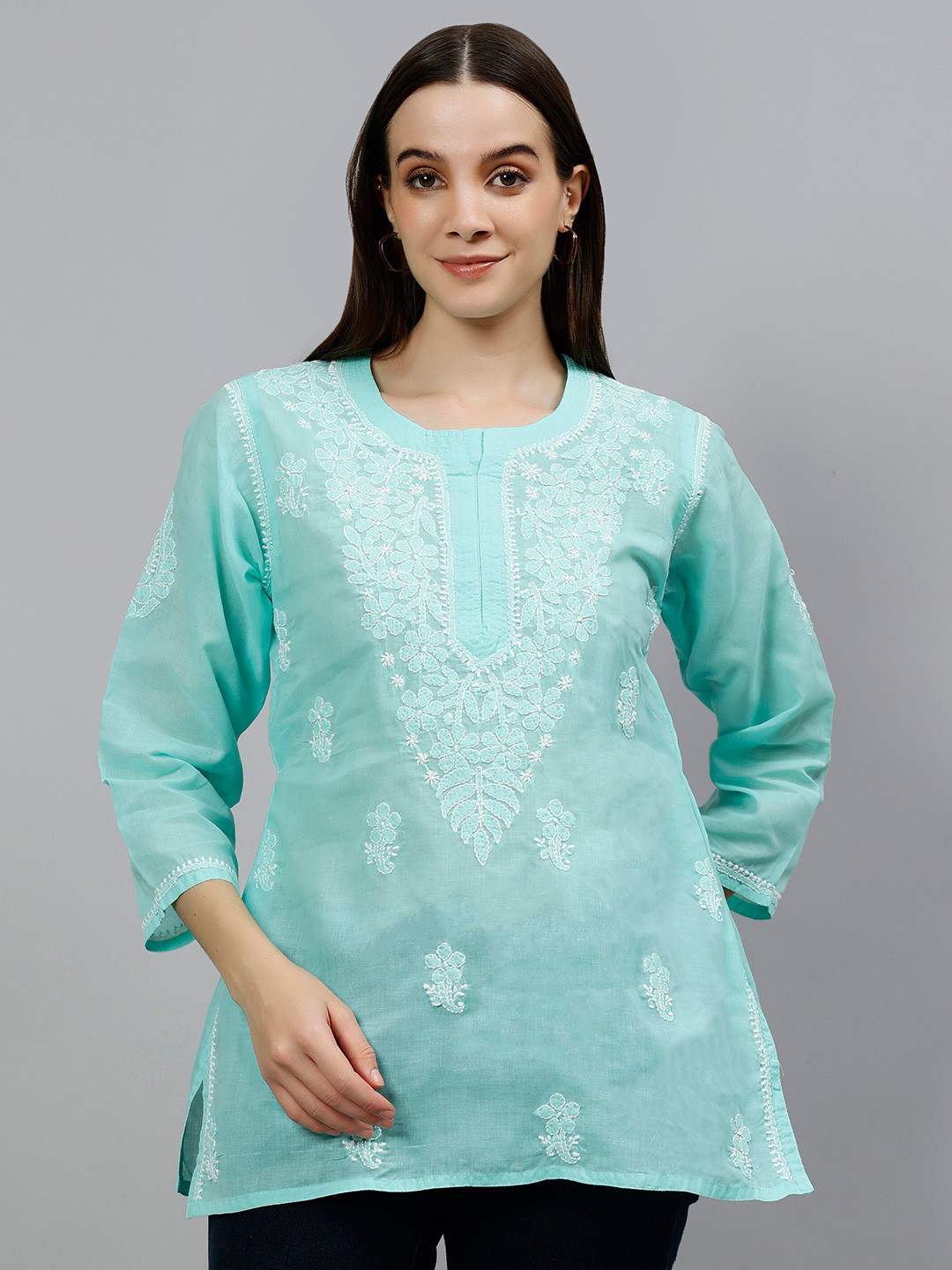 Seva Chikan Floral Embroidered Terivoil Cotton Lucknowi Chikankari Kurti
