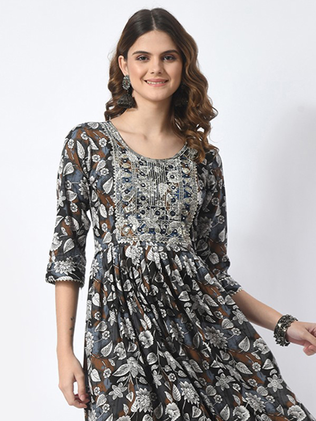 JAHIDA COMFORT WITH STYLE Floral Printed Thread Work Fit and Flare Midi Ethnic Dress
