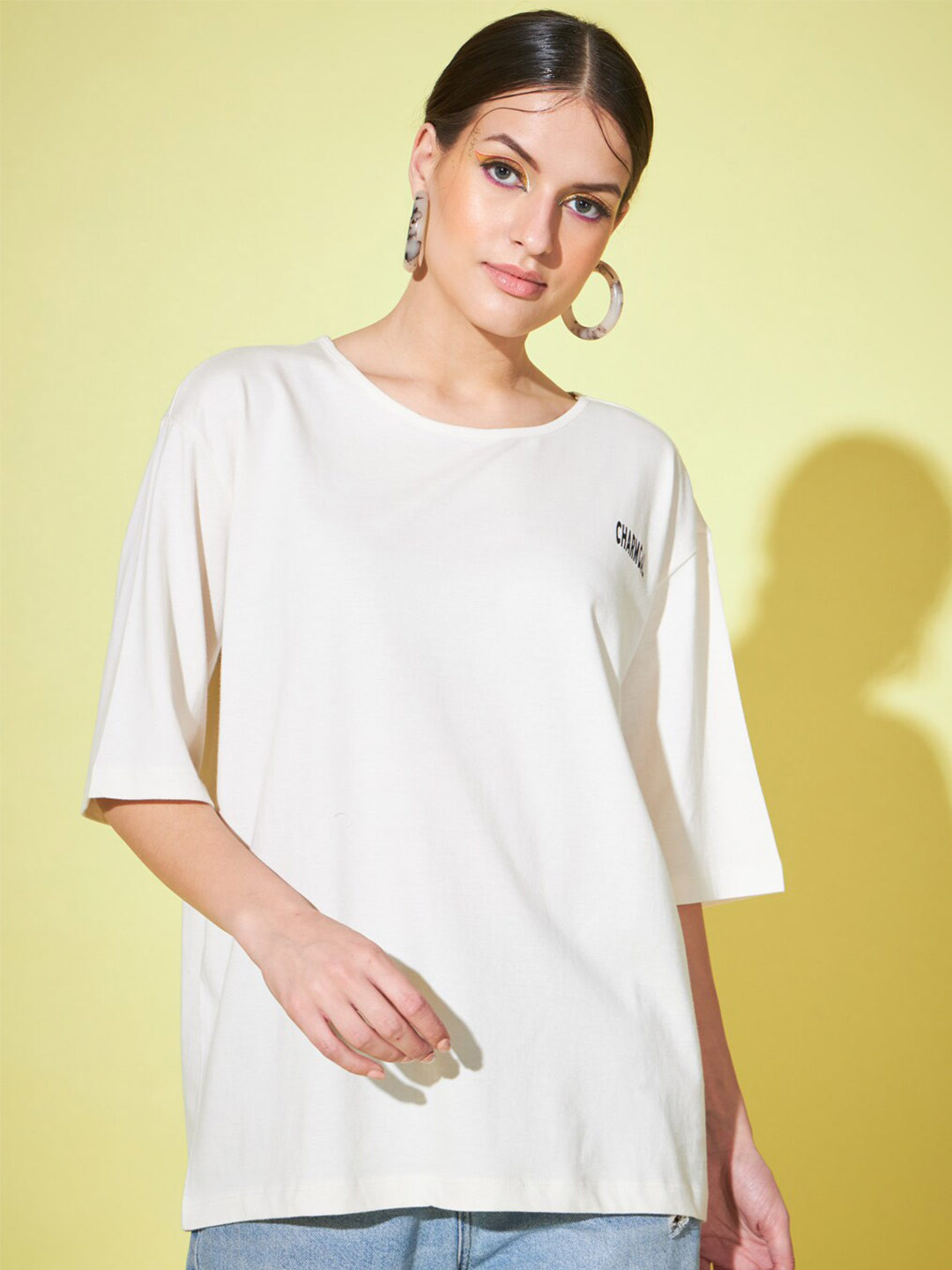 CHARMGAL Drop-Shoulder Sleeves Cotton Longline Relaxed Fit T-shirt