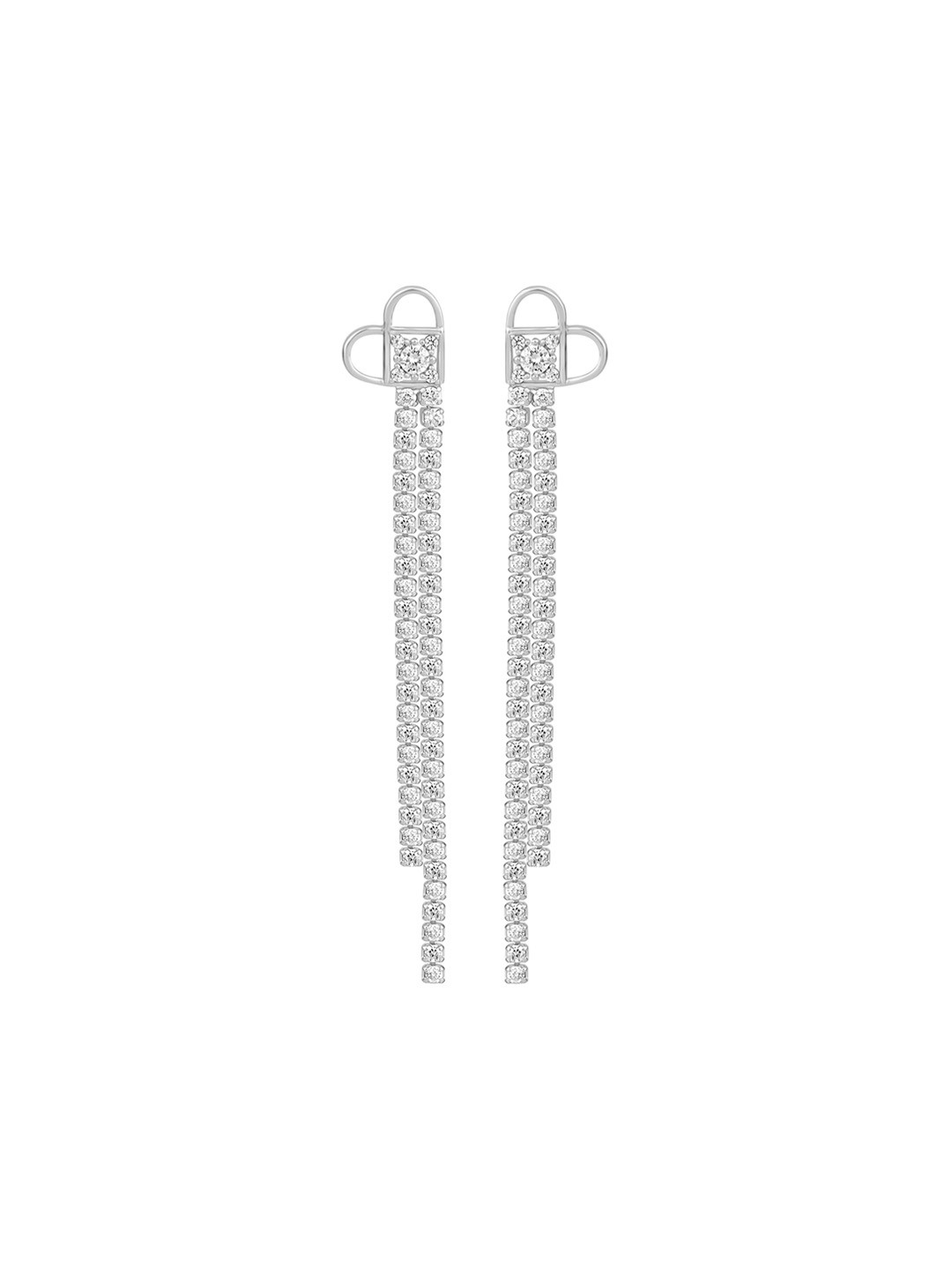 925 SILLER Rhodium-Plated Zircon Studded 925 Silver Threader Chain With Bar Drop Earrings
