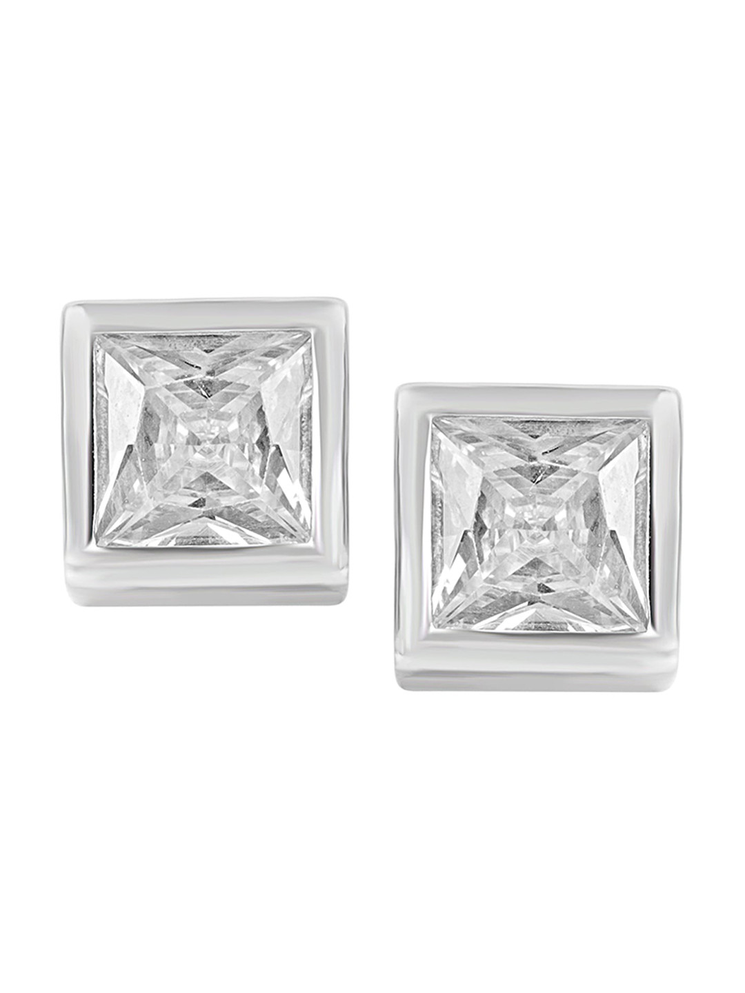 925 SILLER Sterling Silver Rhodium-Plated Zircon Square Shaped Stud Earrings