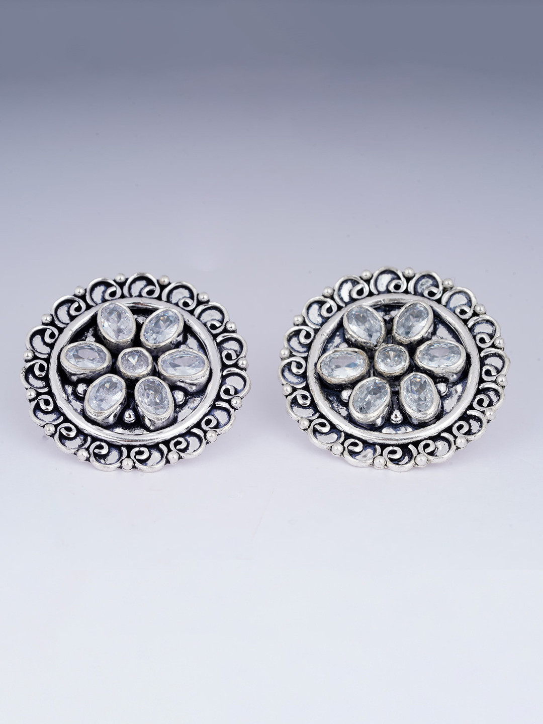 925 SILLER 925 Pure Antique Silver Floral Round Studs
