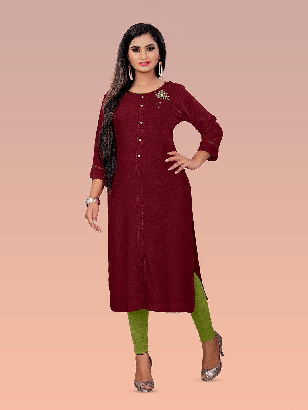 Archittam Beads & Stones Sequined Round Neck Straight Kurta