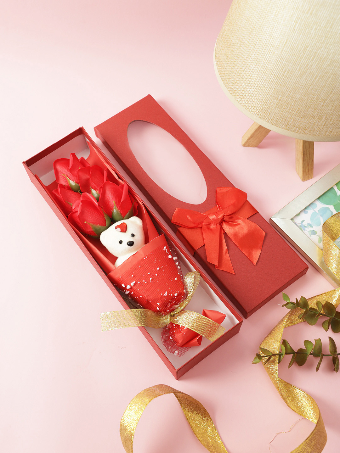 TAYHAA Red & White Teddy & Rose Flowers Bouquet Gift