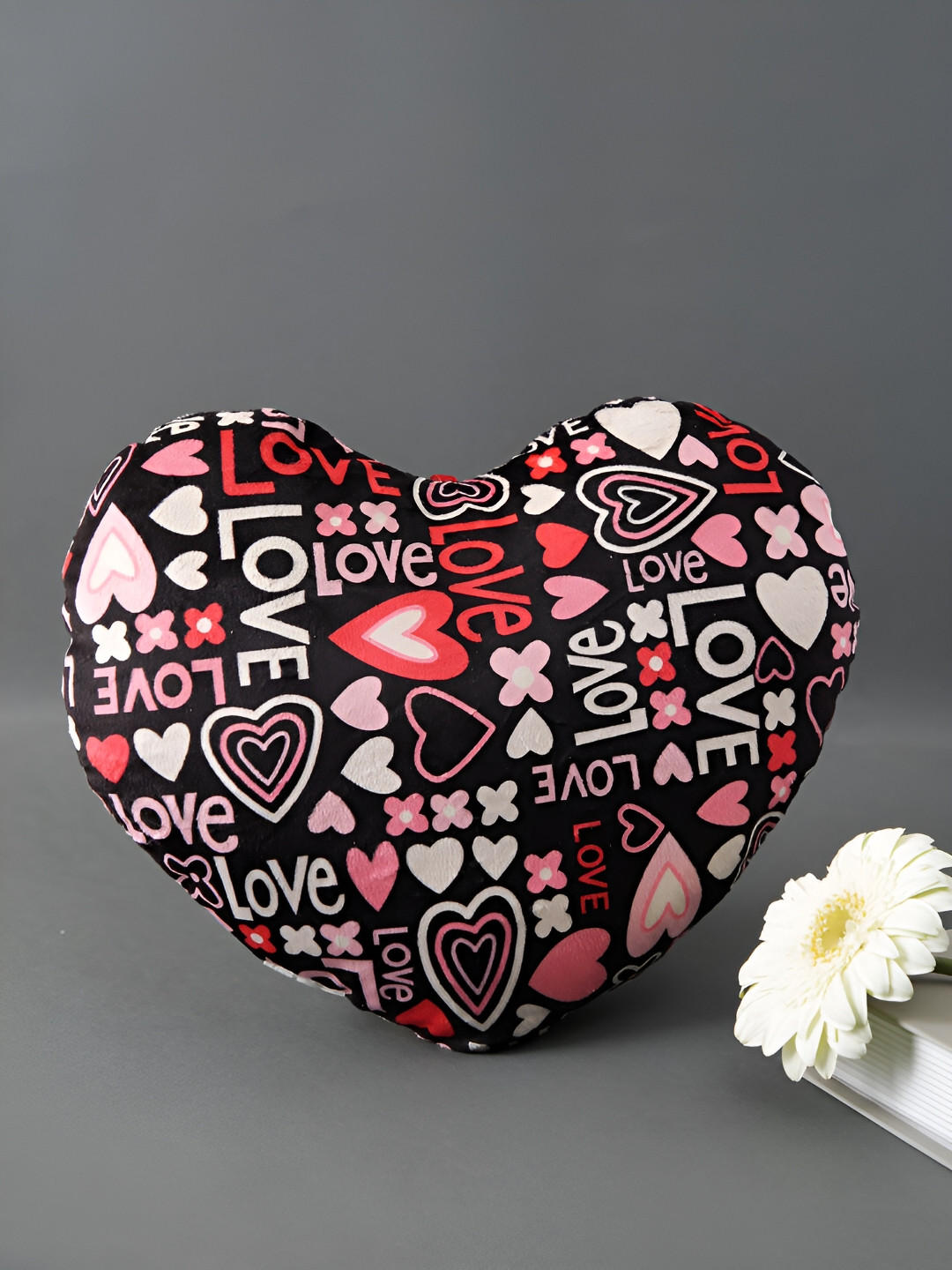 TAYHAA Black & Pink Printed Heart-shaped Cushion with Teddy Gift Set
