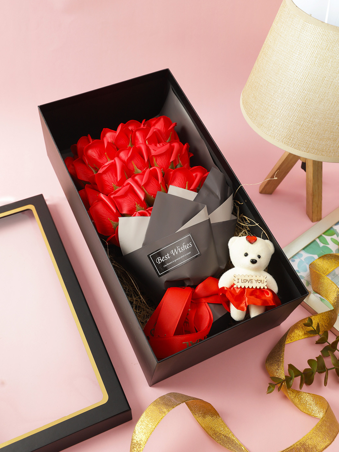 TAYHAA Red & White Teddy & Rose Flowers Bouquet Gift Set