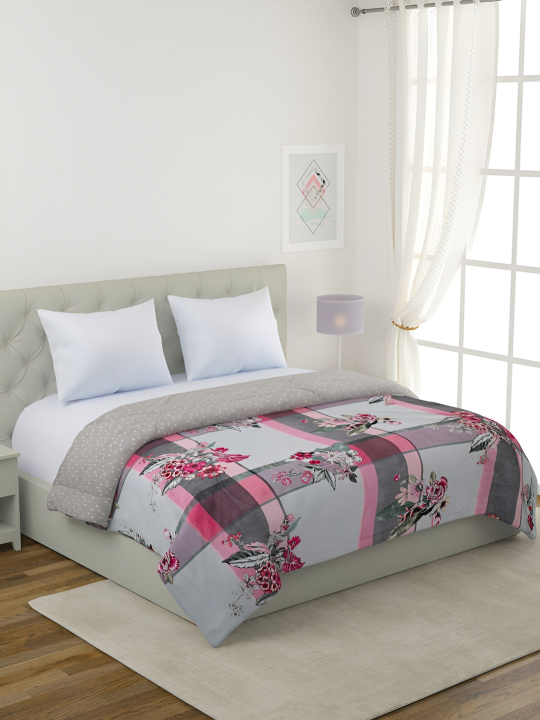 Aura Grey & Pink Floral Printed Cotton AC Room 200 GSM Double Bed Comforter