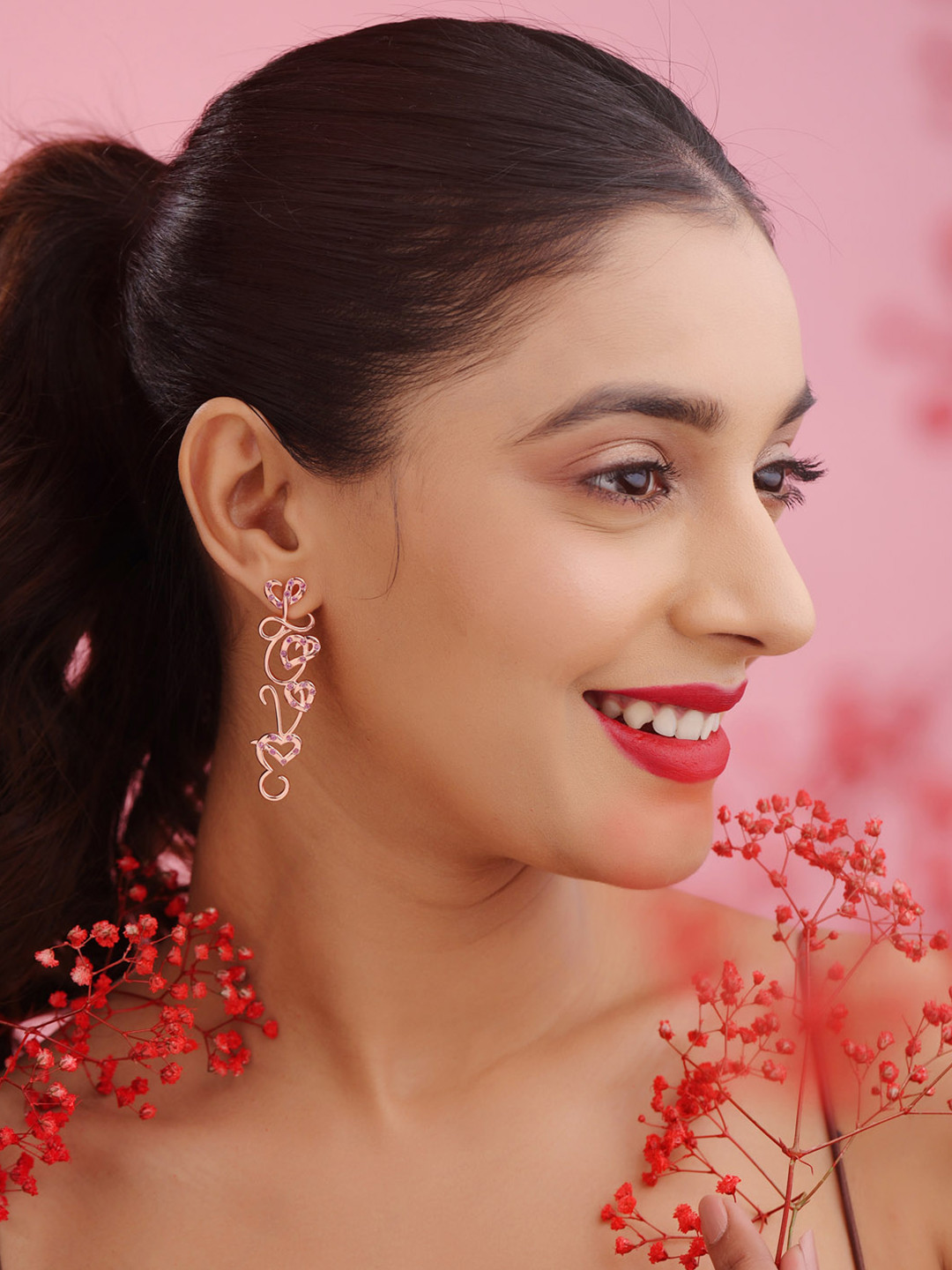 Kicky And Perky 925 Sterling Silver Rose Gold Plated Rhodolite Studded Drop Earring