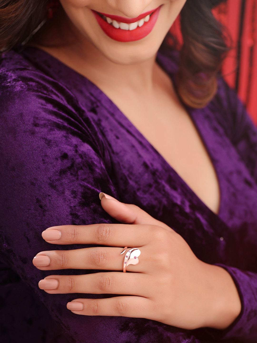 925 Sterling Silver Rhodolite Studded Rose Gold Plated Adjustable Finger Ring