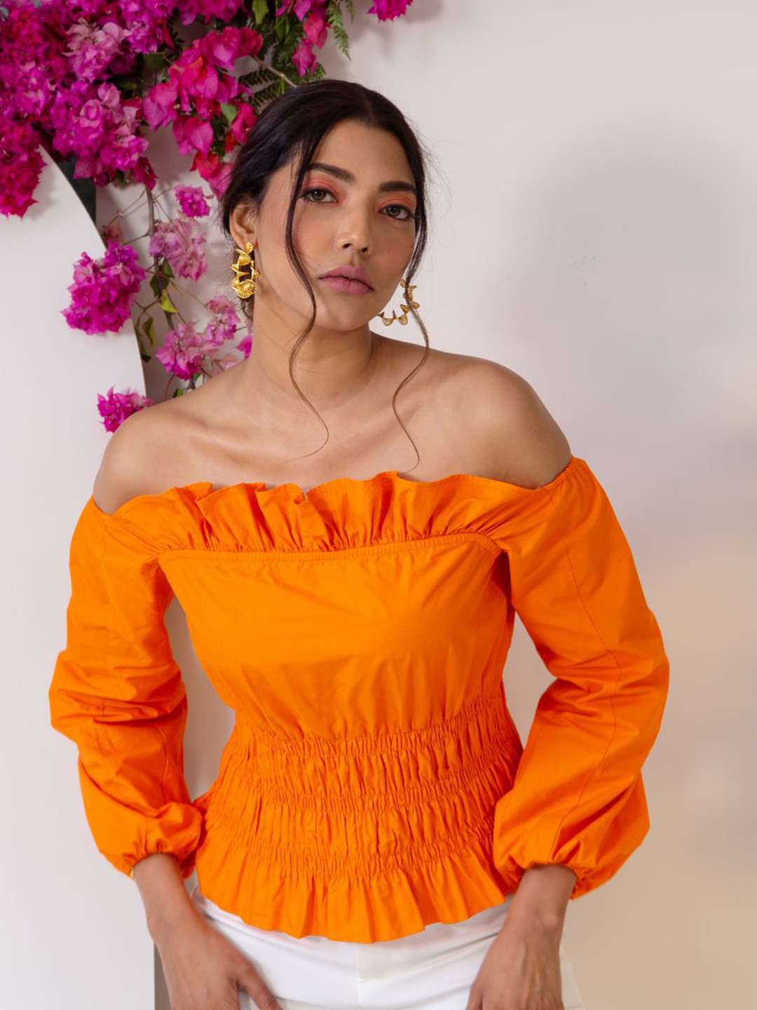 By The Bay Off-Shoulder Puff Sleeves Ruffled Smocked Pure Cotton Bardot Top