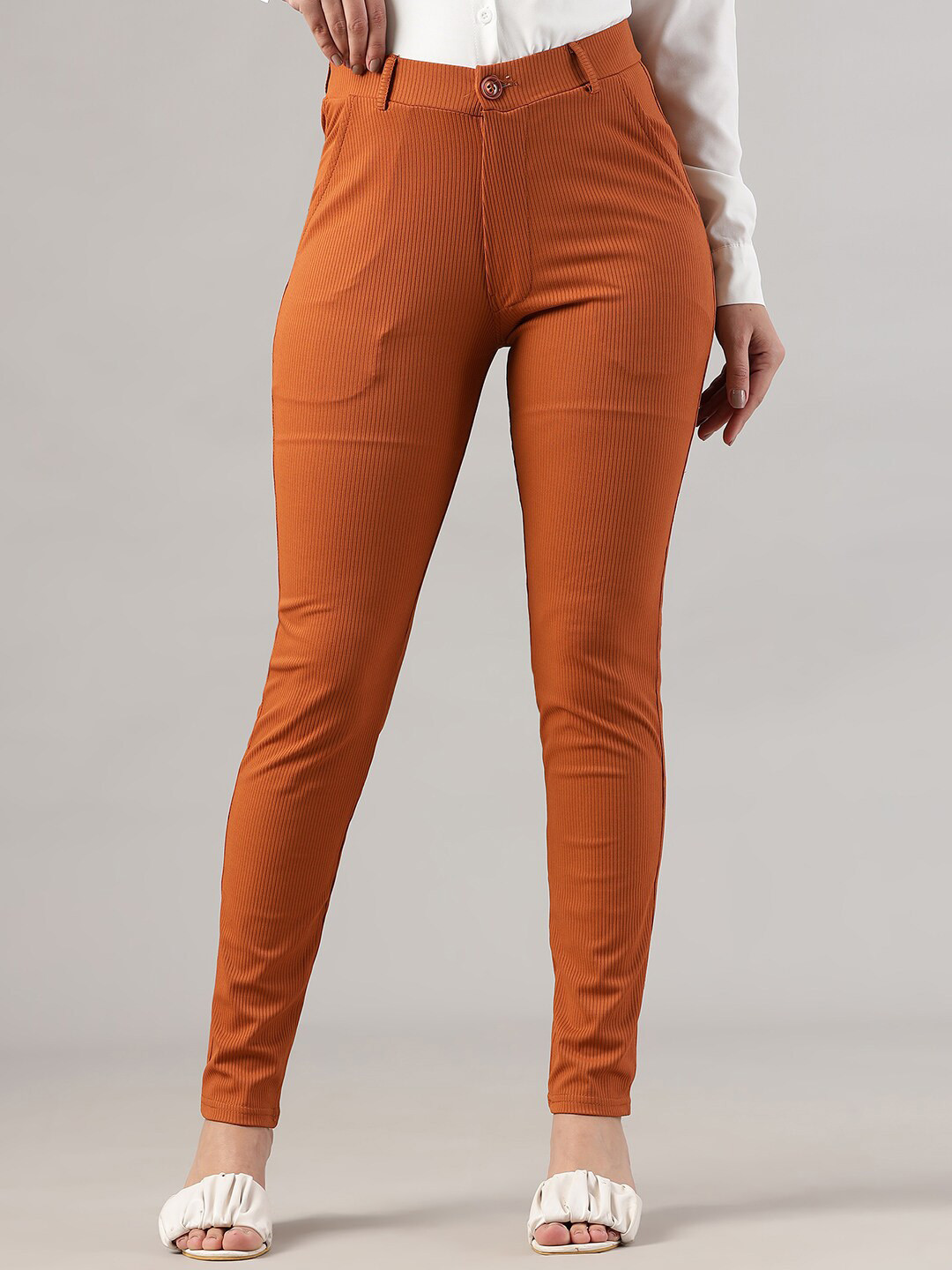 FITHUB Women Skinny Fit High-Rise Plain Cotton Formal Trousers
