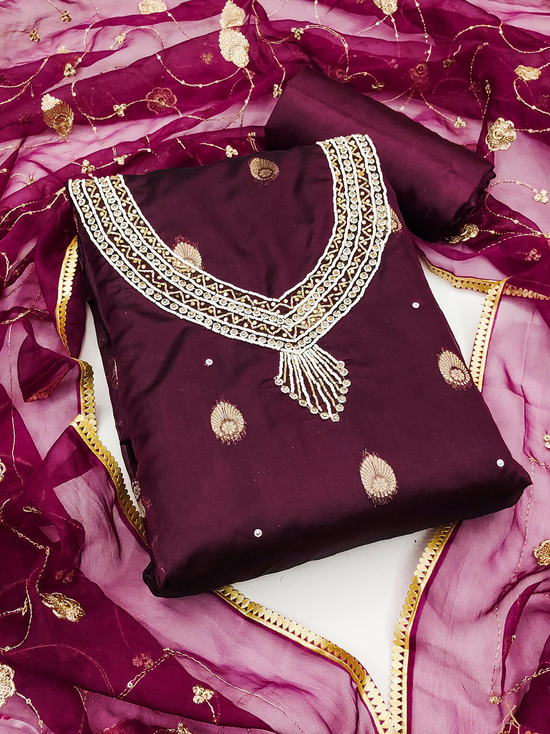 MANVAA Embellished Beads & Stones Organza Unstitched Dress Material