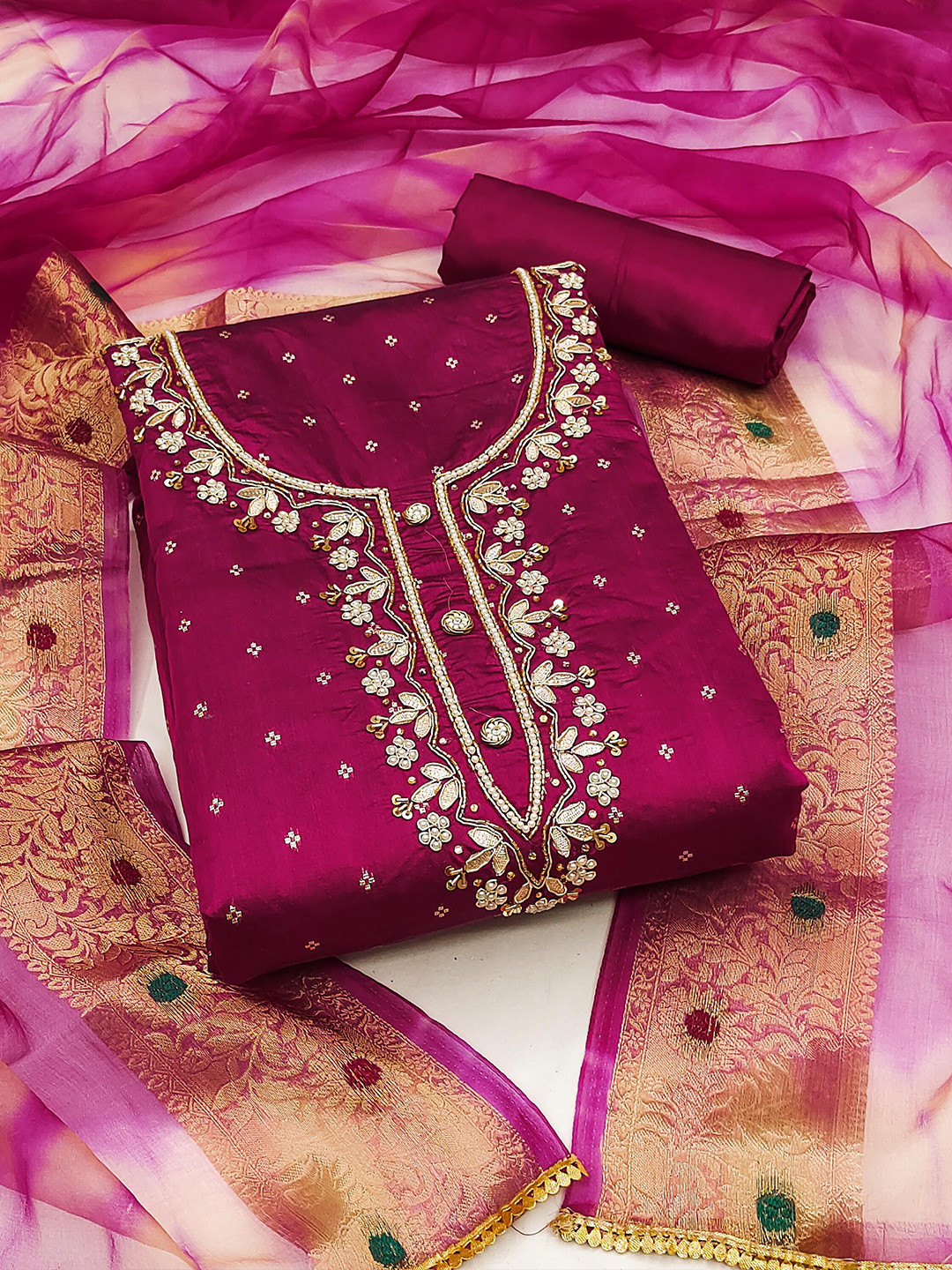 MANVAA Floral Embellished Beads & Stones Organza Jari Weaving Unstitched Dress Material