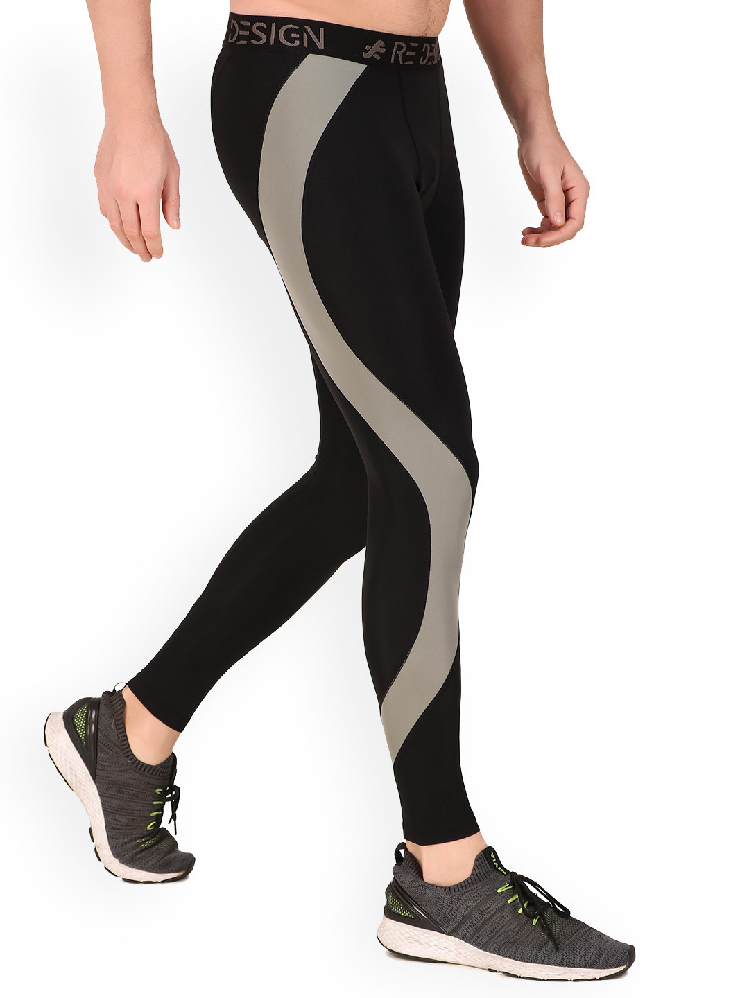 REDESIGN Men Colourblocked Mid-Rise Rapid-Dry Nylon Ankle Length Training Tights