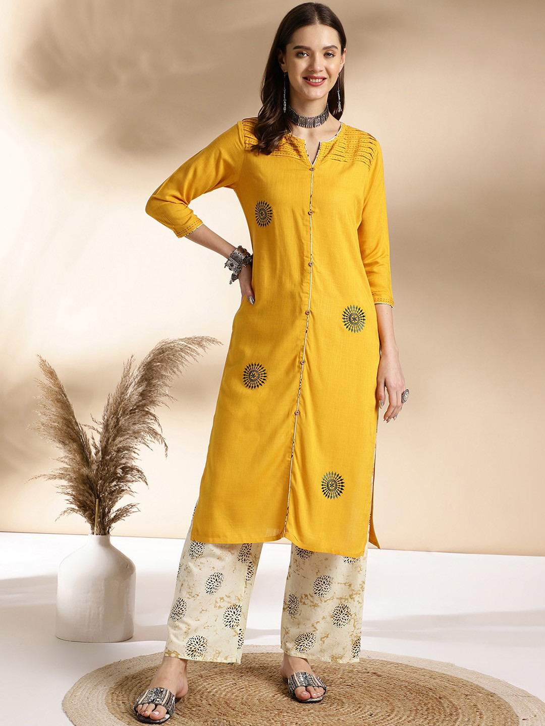 Anouk Yellow Ethnic Motifs Printed V-Neck Straight Kurta With Trouser