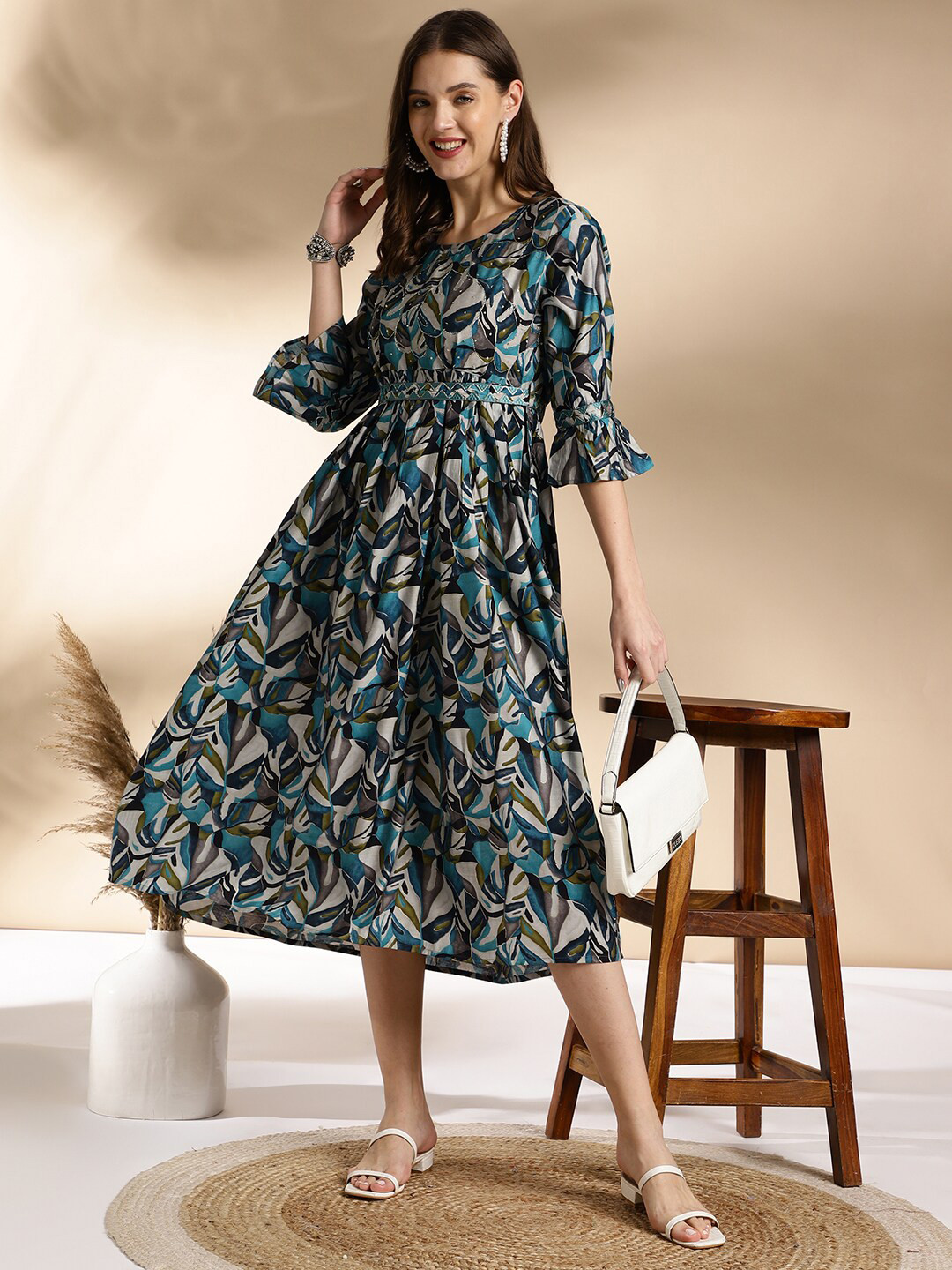 Anouk Round Neck Floral Print Bell Sleeve A-Line Midi Dress with Belt
