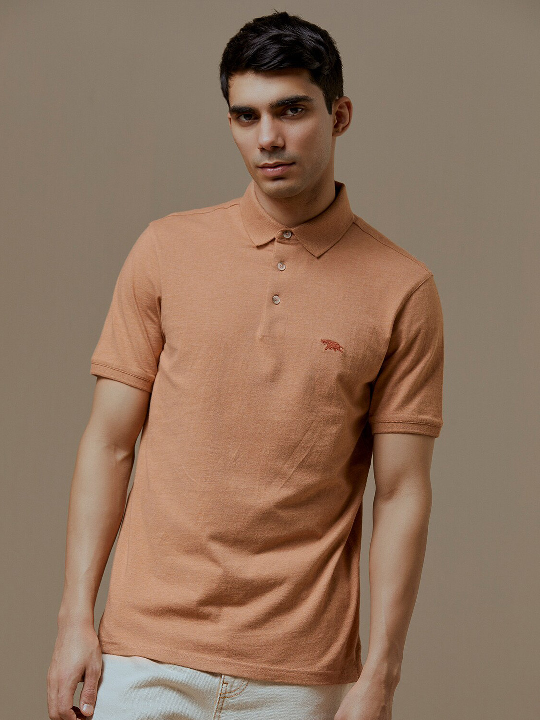 Andamen Men Single Jersey Compact Cotton Yarn Melange Polo Neck T-shirt