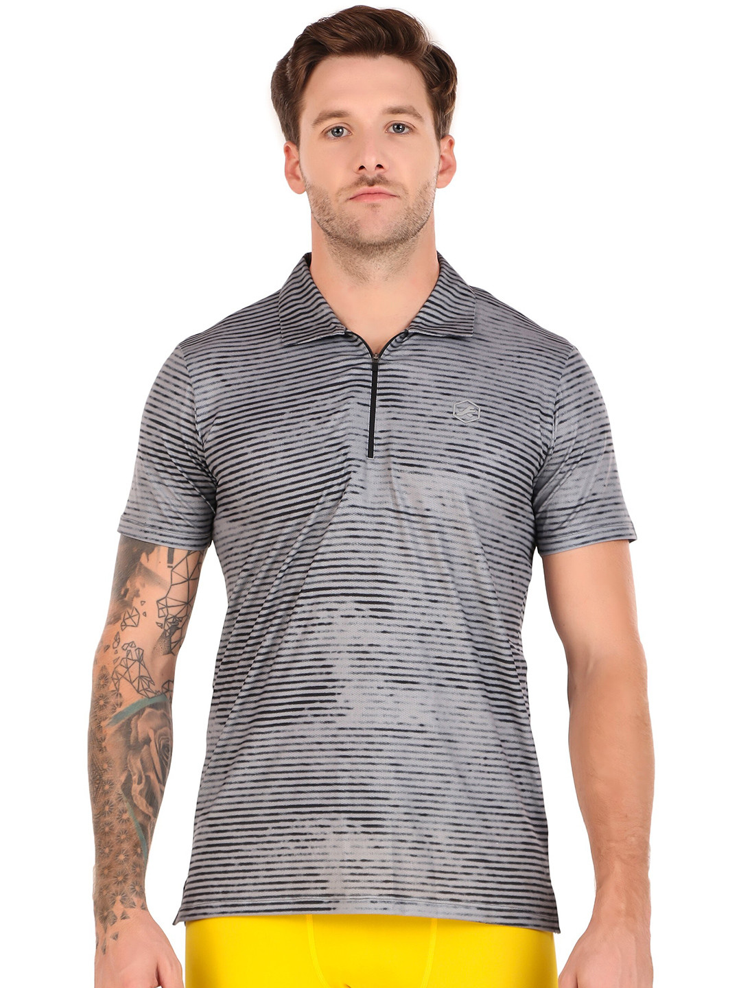 REDESIGN Striped Rapid-Dry Polo Collar Gym T-shirt