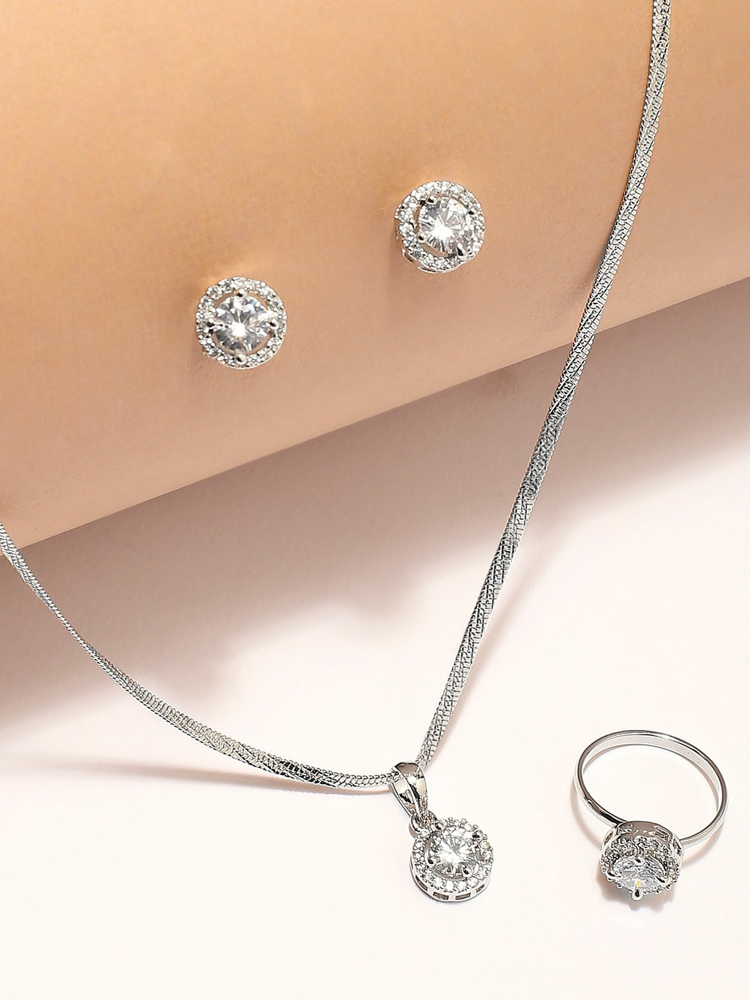 OOMPH Cubic Zirconia-Studded Solitaire Necklace And Earrings